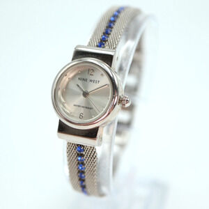 Nine West Womens Silver Tone Watch Metal Mesh Blue Jewel Bracelet w New Battery